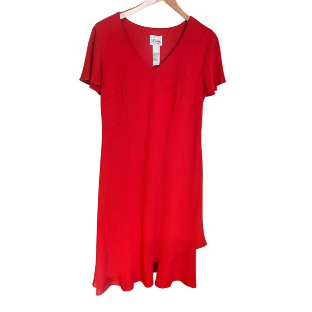 Dj Sommers Red V Neck Flutter Sleeve Ruffle Hem Midi Dress Women Size 8‎